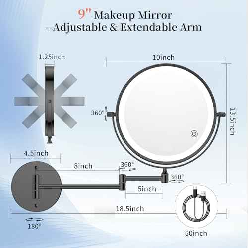 FUNTOUCH 9" 1X/30X Wall Mounted Lighted Makeup Mirror, 4500mAh Rechargeable Double Sided Magnifying Mirror with Light, 3 Color Lights,Touch Dimmable, 360 Rotation Extended Arm for Bathroom,Black