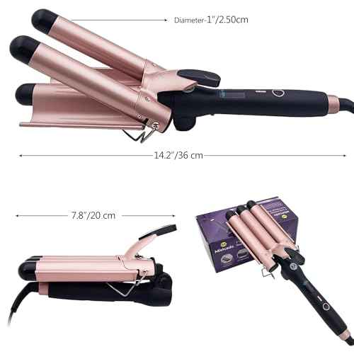 3 Barrel Curling Iron, 1 Inch Ceramic Tourmaline Hair Waver Wand with LCD Temperature Display, Fast Heating Foldable Crimpers for Travel Glove Included (Gold)