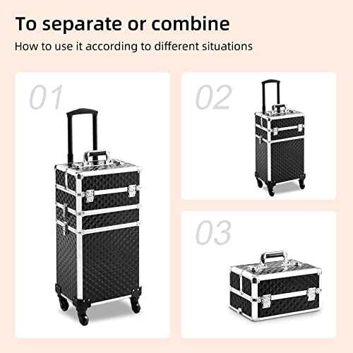 Rolling Makeup Case 3 in 1,Professional Makeup Train Case organizers,Large Storage Cosmetic case Trolley,Makeup Travel Case for Salon Barber Black