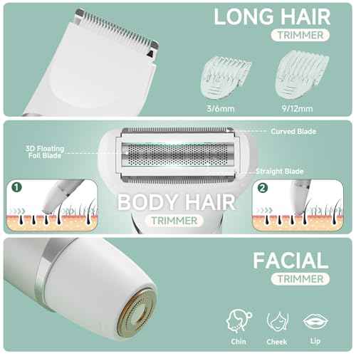 Bikini Trimmer for Women, 3-in-1 Electric Razors for Women, Waterproof Bikini Shaver Replaceable Facial, Body Trimmer for Pubic Hair, Painless Razor for Hair Trimmer Gifts for Her, Mint Green