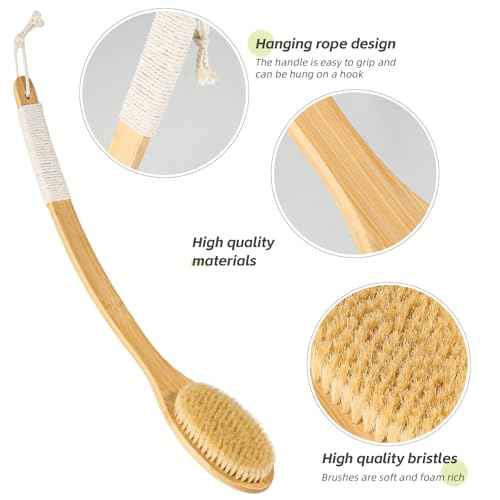 ????Bath Body Brush Shower, 22" Super Long Curved Bamboo Handle Antiskid Back Body Scrubber Wet/Dry Brushing, Moderately Soft Natural Bristle Body Brush for Showering