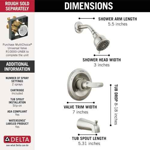 Delta Foundations 13 Series 2-Spray Bathtub and Shower Faucet Set, Brushed Nickel Shower Head and Handle Set, Valve Trim Kit, Stainless BT13410-SS (Valve Not Included)