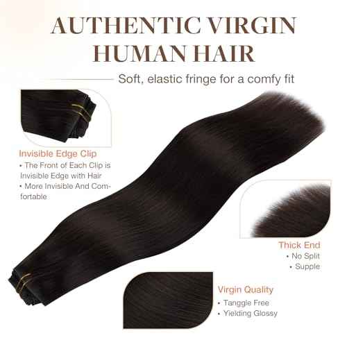 GOO GOO Invisi Edge Clip in Hair Extensions 16inch 130g 7Pcs Injected Seamless PU Clip in Hair Extensions, Virgin Real Human Hair, 2 Dark Brown