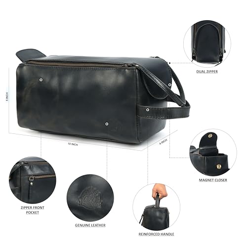 Leather Toiletry Bag for Men, Travel Duffels Essentials Shaving Dopp Kit, Mens Travel Bag Toiletries Organizer Case for Grooming, Made from 100% Real Leather (Black)