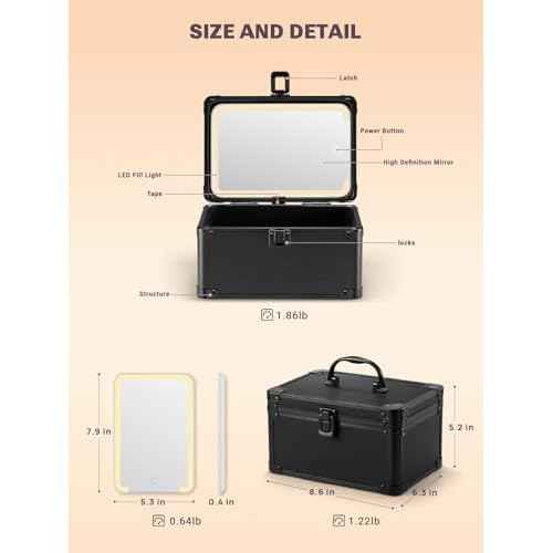 Qislee Makeup Box Mini with A Detachable Lighted Mirror, Waterproof Small Makeup Case,Cosmetic Organizer and Travel Train Case with Magnetic LED Mirror(Black)