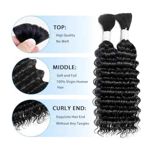 Human Braiding Hair for Boho Braids 100g 28 Inch Deep Wave Bulk Human Hair 100% Unprocessed 12A Brazilian Virgin Boho Hair for Braiding Knotless 2 Bundles/Pack Natural Color