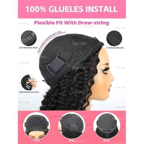 Curlyme Kinky Curly Half Wig Human Hair 3 In 1 Seamless Flip Over Half Wigs Human Hair Invisible Hairline Kinky Curly Headband Wig for Women 18 Inch