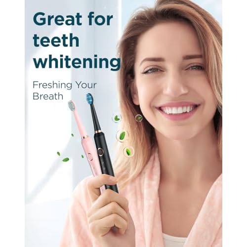 Rtauys 2 Pack Electric Toothbrush for Adults - 2 Rechargeable Electric Toothbrushes with 12 Brush Heads & 2 Travel Case, Power Electric Toothbrush with Holder, 3 Hrs Charge for 120 Days - Black+Pink