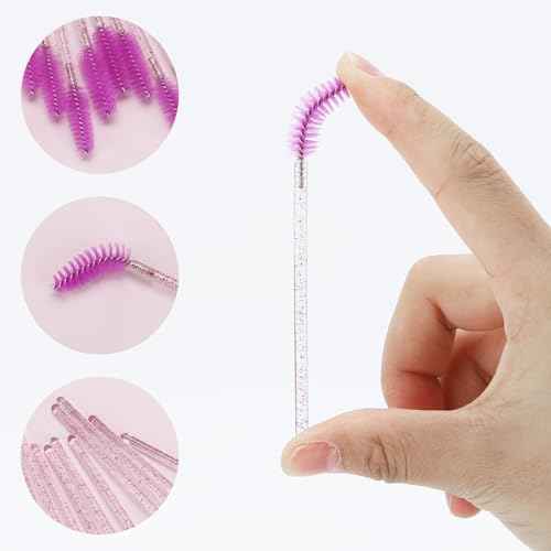 Tbestmax 100 Pcs Disposable Mascara Wands, Crystal Eyebrow Spoolies Brush for Eyelash Extensions, Lash Brushes with Container - Purple