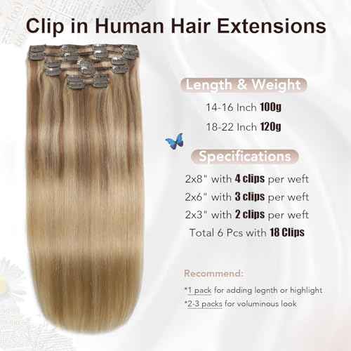 XDhair Clip in Hair Extensions 100g 16 Inch Balayage Hair Extensions Clip in Human Hair Golden Brown to Light Blonde Straight Real Human Hair Extensions Clip ins for Women 6pcs #10/27/27 16 Inch