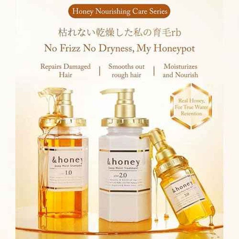 &-honey Deep Moist Shampoo ,Treatment & Hair Oil (Honey Super Moist set 3 Items bundle)+Free Hair Tie 440ml Each+100ml Hair oil Organic Hair and Scalp Care for Straight, Curly, Frizzy, and Dry hair