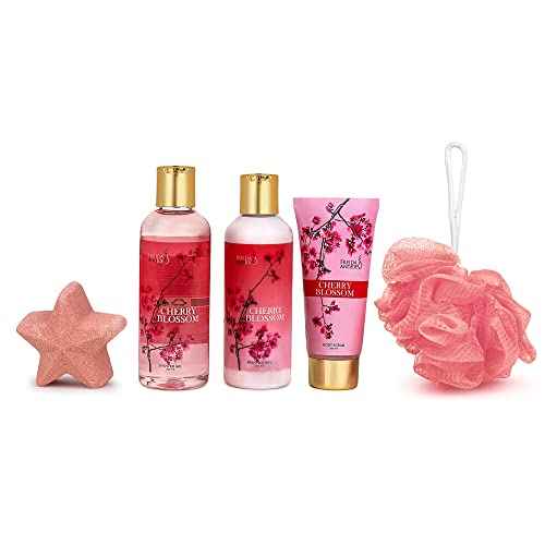 Bath and Body Gift Basket For Women ? 5 Piece Set of Cherry Blossom Bath & Body Collection Gift Box, Includes Shower Gel, Body Lotion, Body Scrub, Bath Bomb & Sponge - Appreciation Gift Ideas