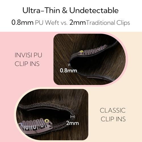 HOTBANANA Invisi Edge Clip in Hair Extensions, 16inch 110g 7Pcs Injected Seamless Clip in Extensions Real Human Hair Dark Brown PU Hair Extensions Straight Hair