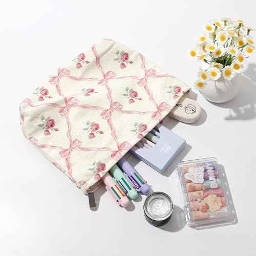 Cosmetic Bags for Women - Corduroy Cosmetic Bag Aesthetic Women Handbags Purses Smile Dots Makeup Organizer Storage Makeup Bag Girls Case Bags (Flowers-Navy blue)