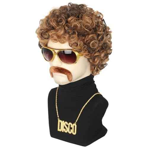 Topcosplay 5Pcs Set 70s 80s Disco Wig for Men or Women Afro Wig with Glasses Necklace Moustache Short Curly Hippies Wigs Blonde Brown