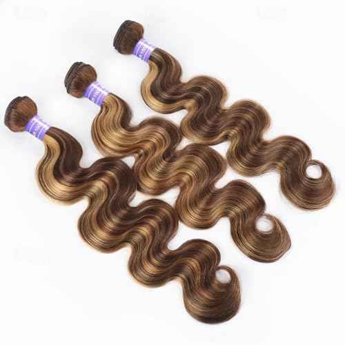 Perstar Ombre Human Hair Bundles Body Wave P4/27 Honey Blonde Bundles Highlight Brown Colored 3 Bundles 14 16 18 Inches 12A 100% Brazilian Virgin Remy Hair Weft