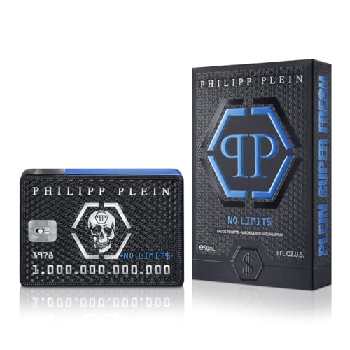 Philipp Plein ? Eau de Toilette No Limits Super Fresh 90 ml ? Parfum Homme ? Notes Fra?ches et Bois?es ? Une Vague d'?nergie, d'H?donisme et de Succ?s ? Bois? Frais ? Flacon en Verre Laqu? Noir et Bleu