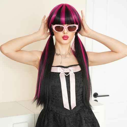 7JHH WIGS Wigs 28in Long Straight Wig Halloween Lolita Double Ponytail Wig for Women Black Wig with Rose Pink Highlight Cosplay Party wigs High Temperature Heat Resistant Fiber Natural Hairline Wig