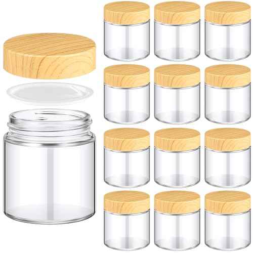 Norme 12 Pcs 4 oz Glass Jars with Lids Empty Small Glass Containers and Inner Liners Reusable Cosmetic Jars Round Airtight Bottles with Plastic Woodgrain Lids for Travel