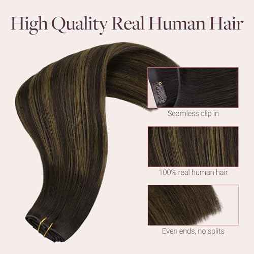 GOO GOO Genius Clip in Hair Extensions, 16inch 120g 7pcs, Seamless PU Clip in Hair Extensions, Virgin Real Human Hair, #(T2/6) P2 Dark Brown to Chestnut Brown