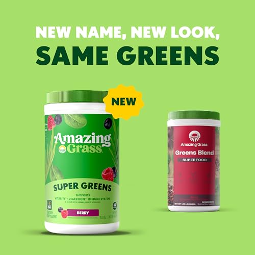 Amazing Grass Greens Blend Superfood: Super Greens Powder Smoothie Mix with Spirulina, Chlorella, Beet Root Powder, Digestive Enzymes & Probiotics, Berry, 60 Servings (Packaging May Vary)