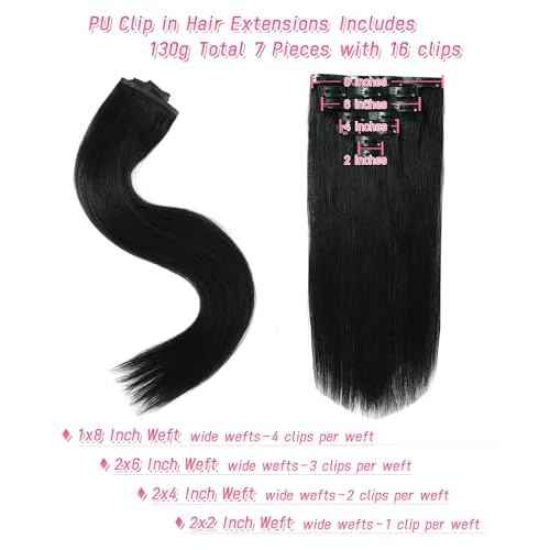 Essent Seamless Sleek Straight Clip in Hair Extensions Seamless Real Human Hair, 24 Inch 1Pack 130g 7Pcs Human Hair Extensions for Women Natural Black