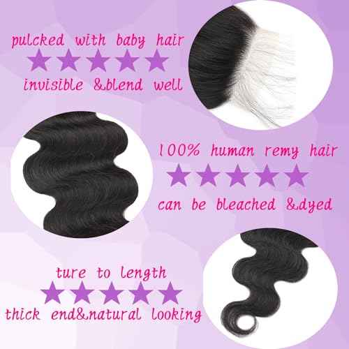 HD Lace Closure 24 Inch Body Wave 4x4 Human Hair Closure for Black Women 100% Human Hair 4x4 Lace Closure Can be Curly and Dyed With Baby Hair (24 Inch, 4x4 Black)