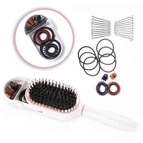 PAK Travel Hair Brush with 30 Hair Accessories for Girls Included - Built in Strorage - Boar And Nylon Bristle - Anti-Static Paddle Travel Brush by BeautyHak