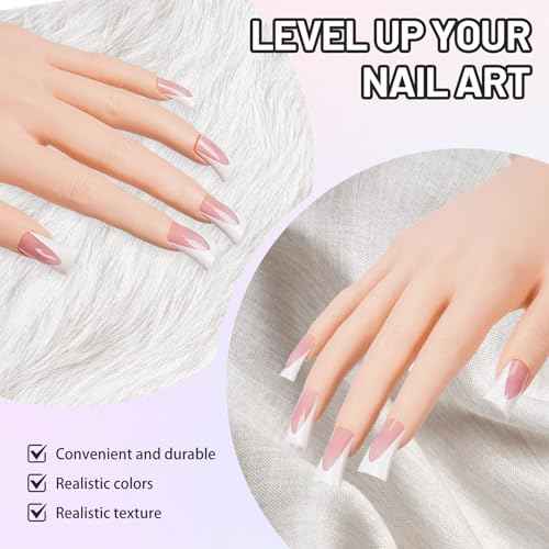 Silicon Practice Hand for Acrylic Nails, Realistic Fake Hand with Stand, 40 Nail Tips and 48 Adhesive Tabs, Reusable & Flexible Mannequin Training Model for Manicure & Nail Art Practice