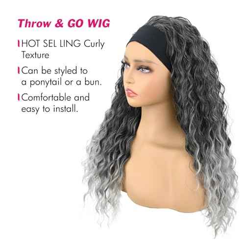 Headband Wig Deep Wave 20 Inch Gray for Black Women - Machine Made None Lace Front Synthetic Glueless Deep Curly Half Wig (T1B/Gray)