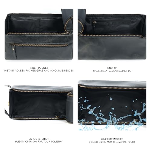Leather Toiletry Bag for Men, Travel Duffels Essentials Shaving Dopp Kit, Mens Travel Bag Toiletries Organizer Case for Grooming, Made from 100% Real Leather (Black)