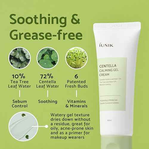 IUNIK Centella 70% Calming Gel Cream Vegan Non-Sticky Moisturizing Blemish Care w/Centella Asiatica Tea Tree 10% Soothes Acne Rosacea Oily & Sensitive Skin Korean Skincare BOGO 1+1