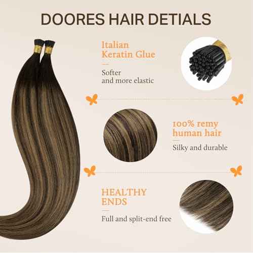 DOORES Itip Human Hair Extensions,16 Inch 100g 200s Itip Human Hair Extensions,Balayage Dark Brown to Chestnut Brown I Tip Hair Extensions,Cold Fusion Itip Remy Hair Extensions