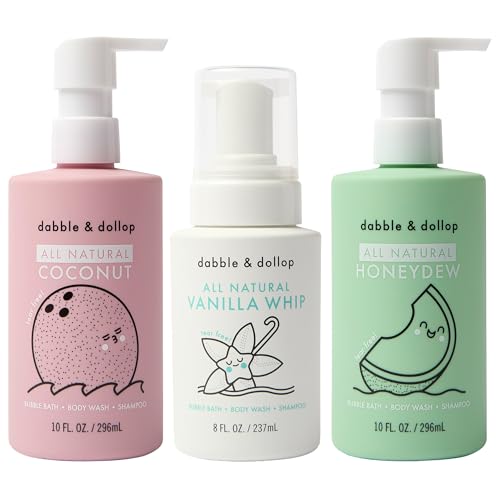 Dabble & Dollop Beachy Bundle, Natural Bubble Bath, Body Wash, Shampoo for Kids, Paraben & Sulfate Free, Vegan, Gluten-Free, Tear-Free, Honeydew Melon, Vanilla & Coconut (Set of 3)