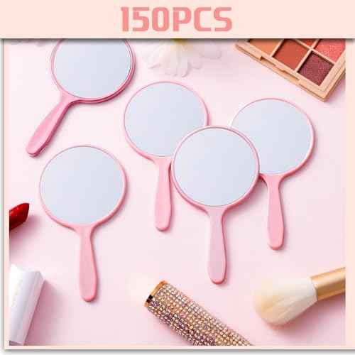 Vinsot 150 Pcs Handheld Mirror Bulk Small Hand Compact Mirrors with Handle Plastic Travel Makeup Portable 3.94 x 2.16 Inch for Birthday Dress up Wedding Practice Pronunciation (Pink)