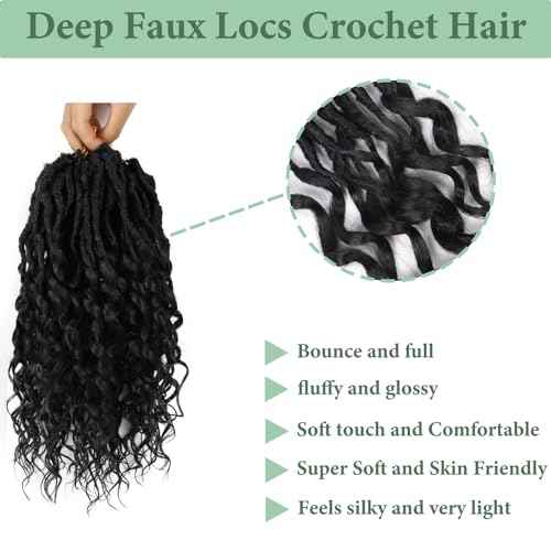 Deep Faux Locs Crochet Hair 12 Inch 8 Packs Goddess Locs Crochet Hair 1B Soft Loc Faux Loc Crochet Braids with Curly Ends Prelooped Deep Wave Croceht Braids for Black Women(Natural Black)
