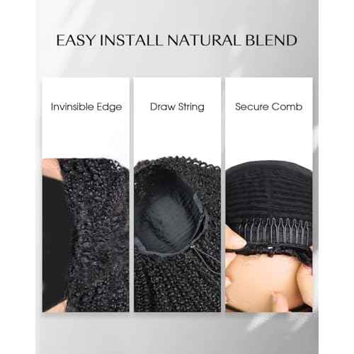 Kinky Curly Half Wig Human Hair 200% Density Wear and Go Glueless Wigs Human Hair Half Wigs with Drawstring 3 In 1 Flip Over Headband Wig for Women Beginner Friendly 16 inch