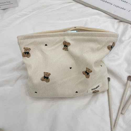 Cute Small Soft Corduroy Zipper Makeup Bag for Purse, Coquette Aesthetic Pouch with Bear Pattern for Women Girls, Kawaii Travel Cosmetic Bags£¨03Beige£©