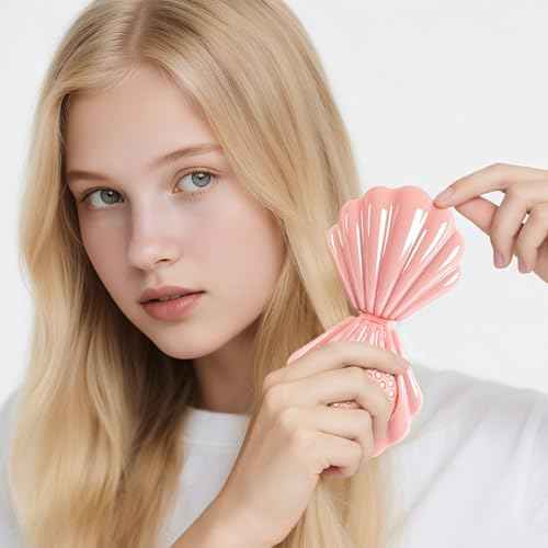 Iridescent Shell Folding Hair Brush with Mirror, Compact Travel Size Mermaid Hair Brush for Purse, Portable Brush Mini Pocket Mirror Massage Comb for Women (PINK)