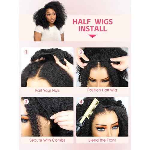 ORIGINAL QUEEN Kinky Curly Half Wig Human Hair Wear And Go Glueless Wigs Curly 3 In 1 Half Wigs for Women Drawstring Seamless Flip Over Glueless Wigs Beginner Friendly 18 Inch