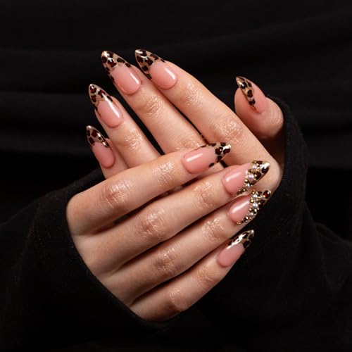 LOVFUL Press on Nails Noir d'Or | Handmade with Full Covered Crystals | Reusable Full Cover Nails | Almond Regular 1.0 in | P003-M