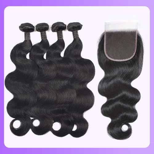 Body Wave Bundles with Closure Human Hair 18 20 22 24 + 16 Inch Brazilian Human Hair 3 Bundles with 4x4 HD Lace Closure Part 12A Grade 100% Unprocessed Virgin Hair