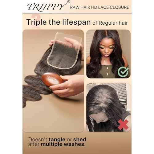 Triippy Raw Hair 5x5 HD Lace Closure Body Wave More Less Shedding than Regular Virgin Hair,0.10mm Ultra-Thin 5x5 Swiss Real HD Lace with 100% Raw Cambodian Human Hair(12 Inch)