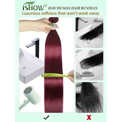 ISHOW Raw Human Hair Bundles, 100% Unprocessed Virgin Human Hair, 15A Straight Premium Quality Bundles Producer, 20 Inch Single Bundle, Long Lasting, Red Burgundy Color 99J
