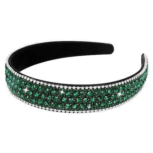 Wecoe Rhinestone Headband - Dark Green Bling Sparkly Crystal Diamond Thin Hair Band for Women & Girls, Fashion Accessory for Holiday, Birthday Gift