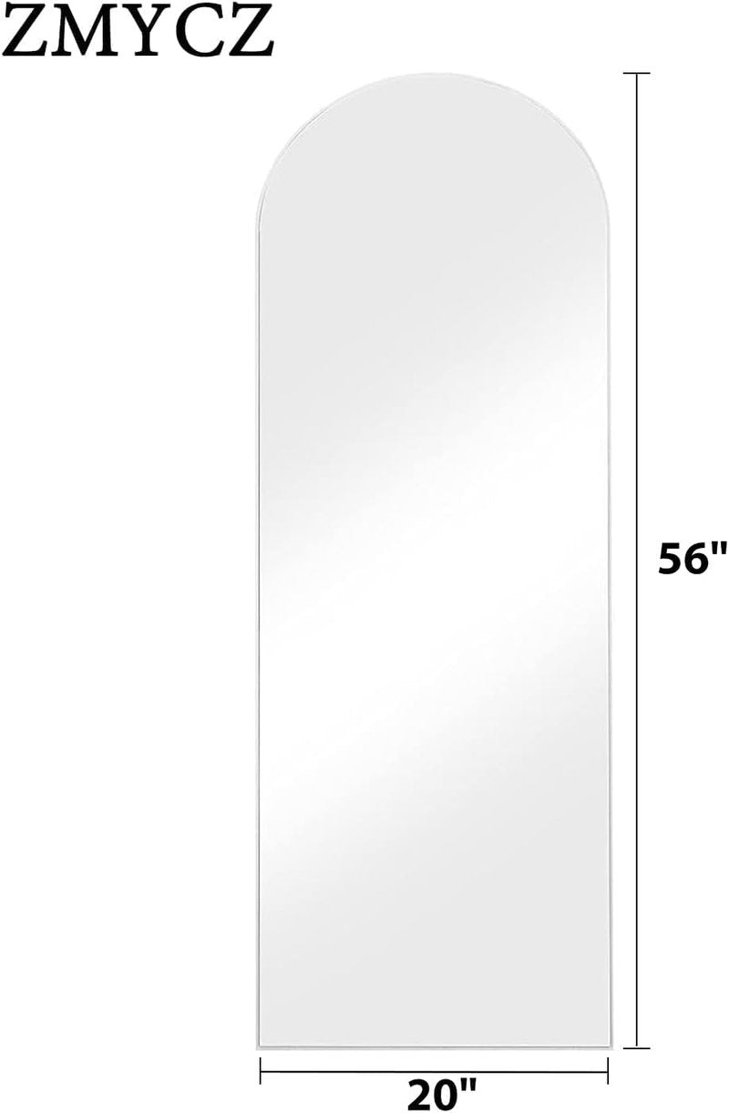 Arched Floor Mirror - 56"x20" Full-Length Standing Mirror | Aluminum Frame, Wall-Mounted or Leaning, White Finish