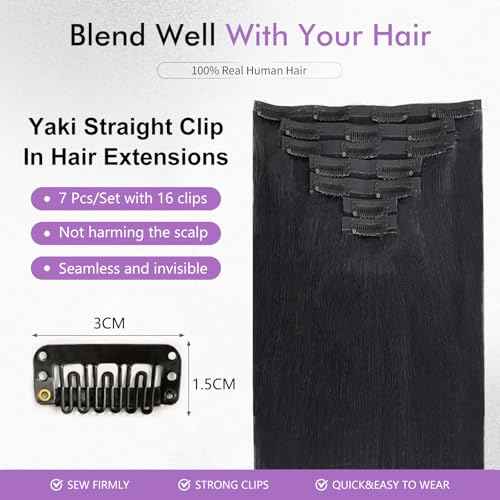 Yaki Seamless Clip in Hair Extensions Human 7Pcs 120g 18 Inch Natural Black Straight Yaki Clips Ins Full Head Brazilian Remy Hair Extensions For Women