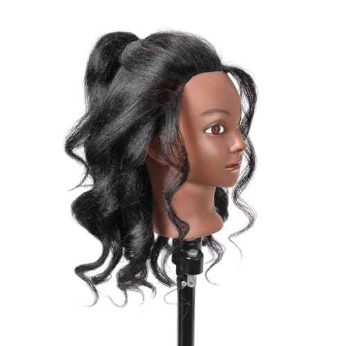 Mannequin Head with 100% Real Hair, 14" Cosmetology Mannequin Manikin Training Practice Doll Head for Hairdresser Braiding Hair Styling Hairdressing and Clamp Holder- Black