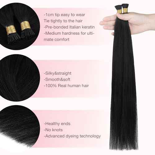 GOO GOO I Tip Hair Extensions Real Human Hair, 24inch 50g 50S, Cold Fusion I Tip Hair Extensions, Invisible Remy Hair, 1 Jet black