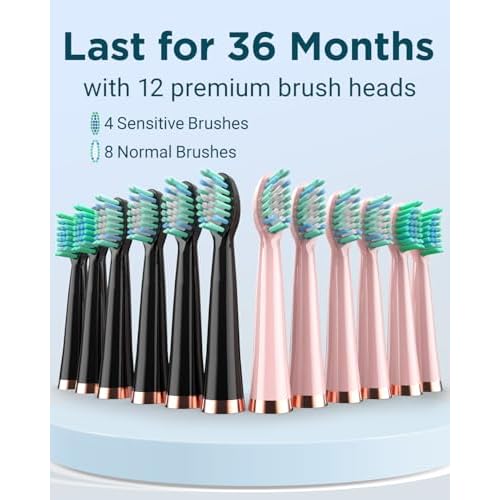 Rtauys 2 Pack Electric Toothbrush for Adults - 2 Rechargeable Electric Toothbrushes with 12 Brush Heads & 2 Travel Case, Power Electric Toothbrush with Holder, 3 Hrs Charge for 120 Days - Black+Pink